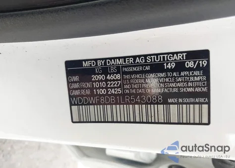 2020 Mercedes-Benz C 300 из США, поврежденный, VIN WDDWF8DB1LR543088